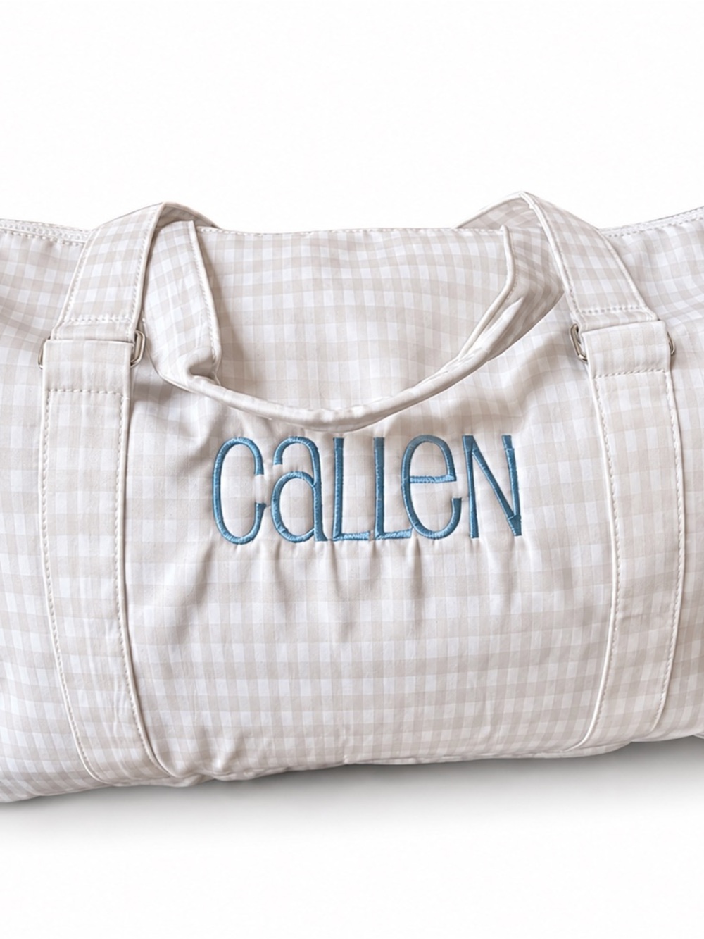 Personalized Beige Gingham Nylon Weekend Duffle with Blue - CALLEN